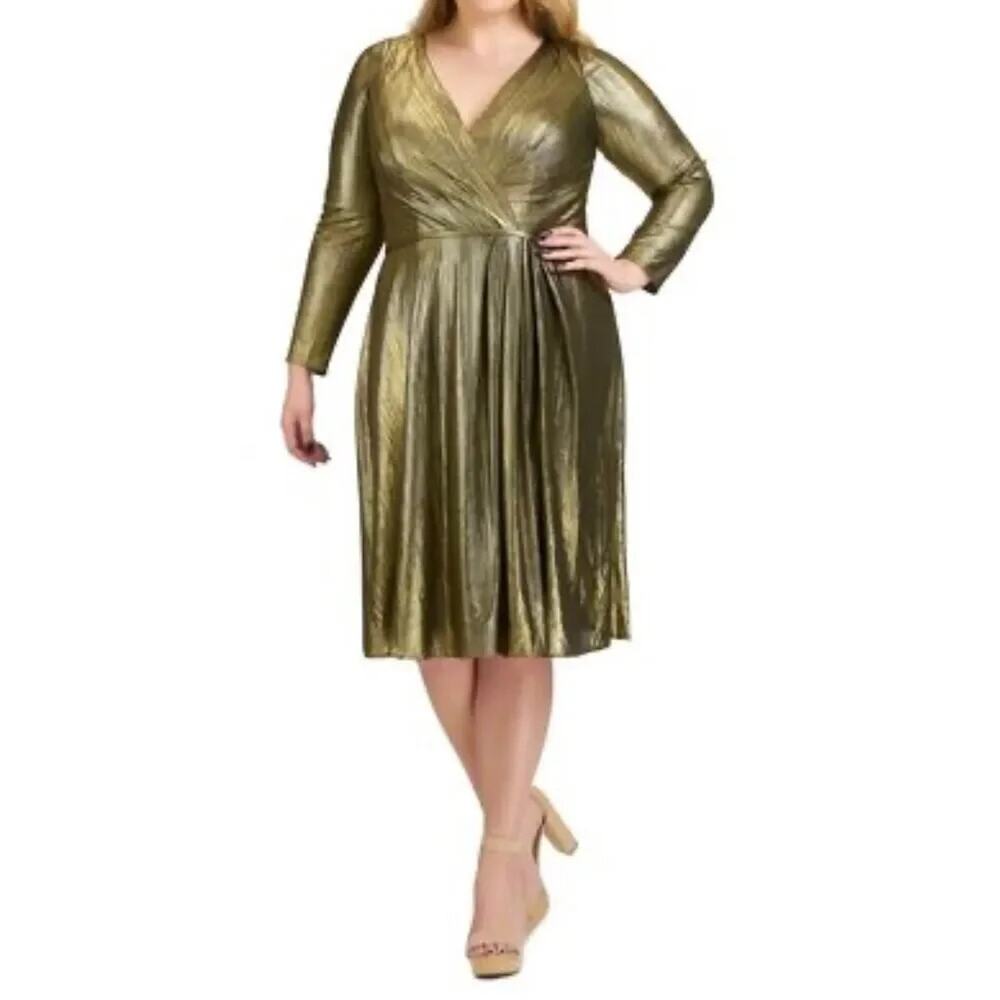 MAC DUGGAL 49224 Metallic Bronze Gold Faux Wrap Dress Size 14W New w/o Tag $358